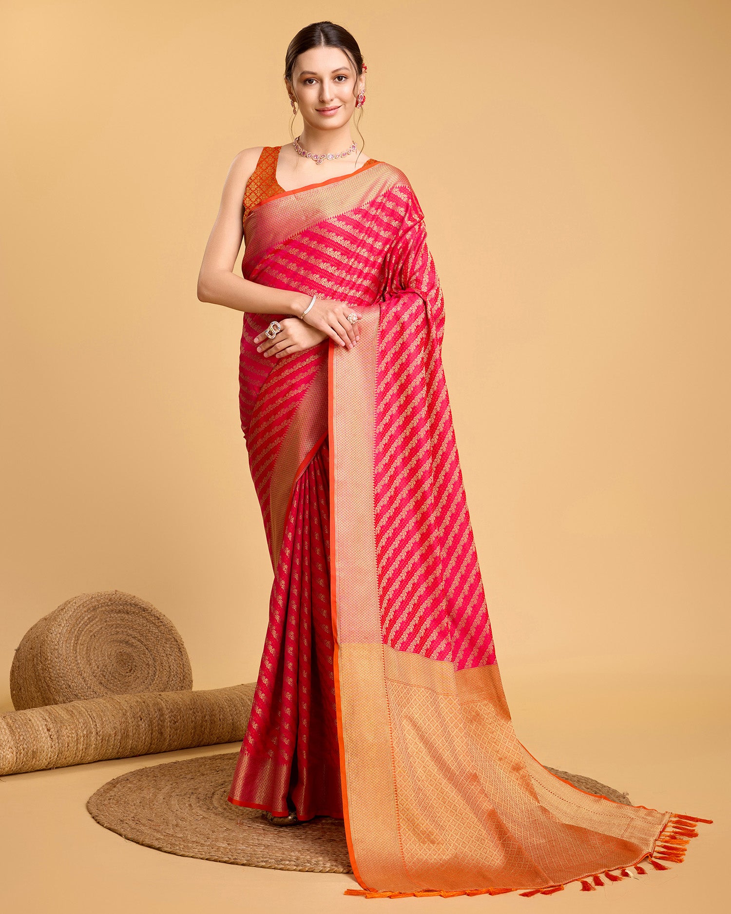 Pure Patola Silk Saree With All Over Contrast Patola Weaved With Contrast Meenakari And Rich Pallu With Tassels Attached Saree - Perfect for Partywear / Bollywood