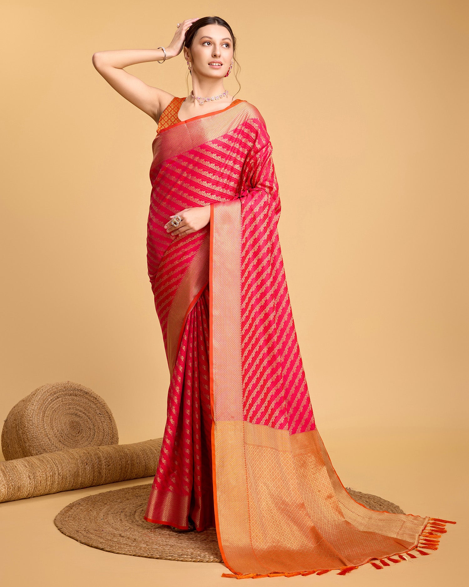 Pure Patola Silk Saree With All Over Contrast Patola Weaved With Contrast Meenakari And Rich Pallu With Tassels Attached Saree - Perfect for Partywear / Bollywood