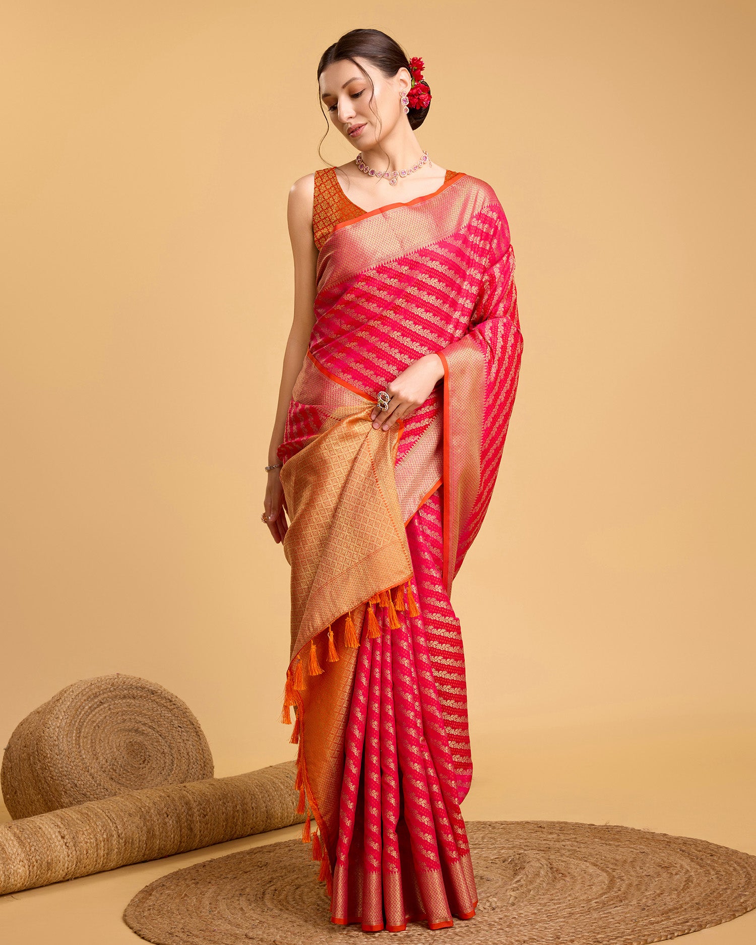 Pure Patola Silk Saree With All Over Contrast Patola Weaved With Contrast Meenakari And Rich Pallu With Tassels Attached Saree - Perfect for Partywear / Bollywood