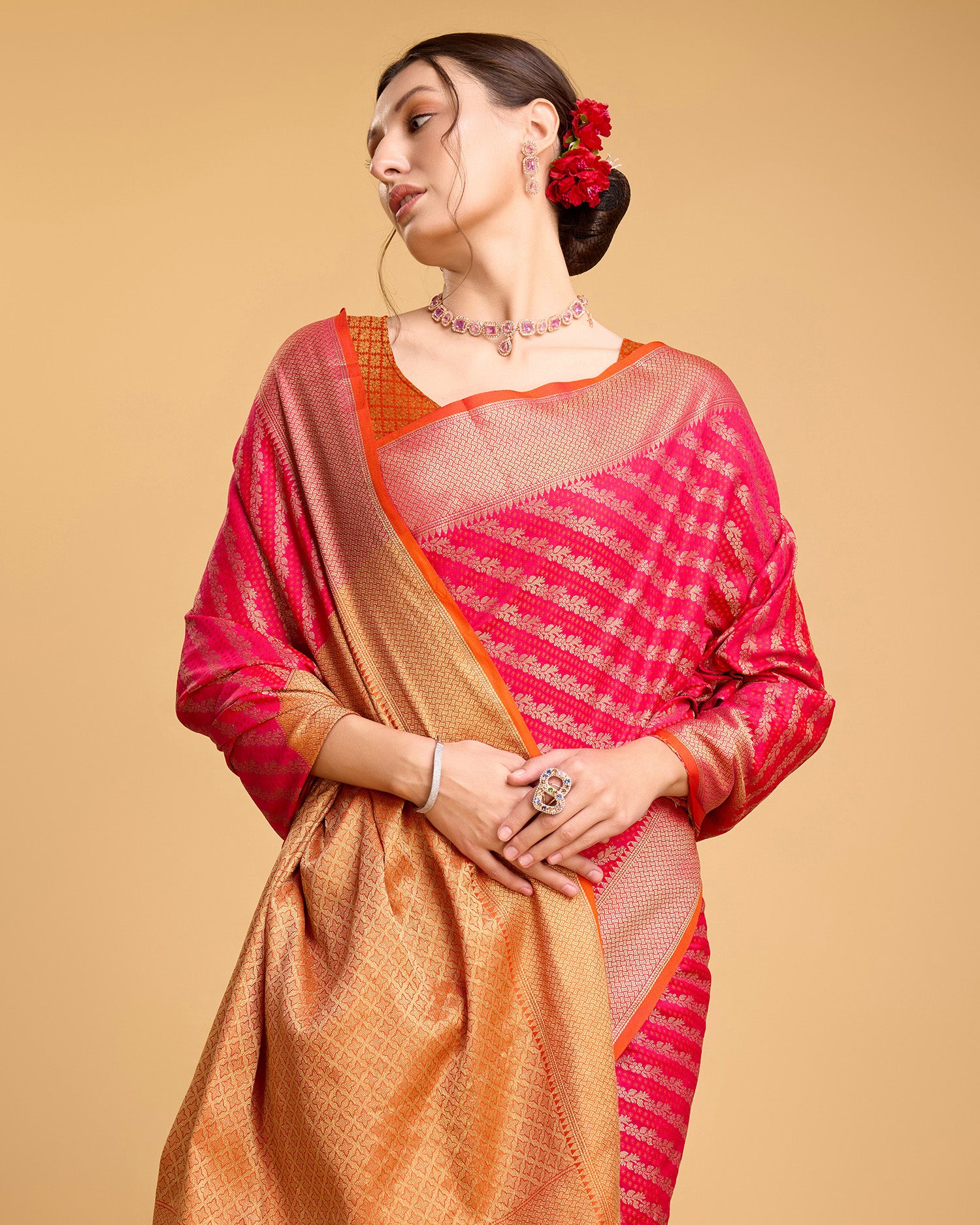 Pure Patola Silk Saree With All Over Contrast Patola Weaved With Contrast Meenakari And Rich Pallu With Tassels Attached Saree - Perfect for Partywear / Bollywood
