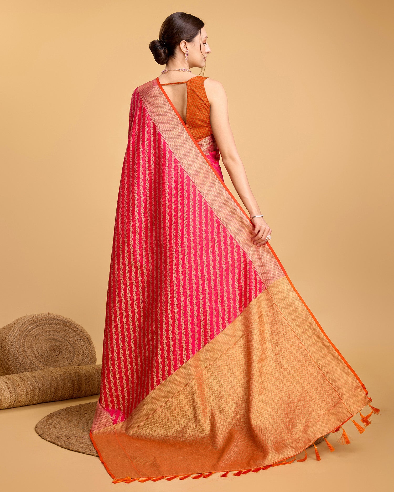 Pure Patola Silk Saree With All Over Contrast Patola Weaved With Contrast Meenakari And Rich Pallu With Tassels Attached Saree - Perfect for Partywear / Bollywood