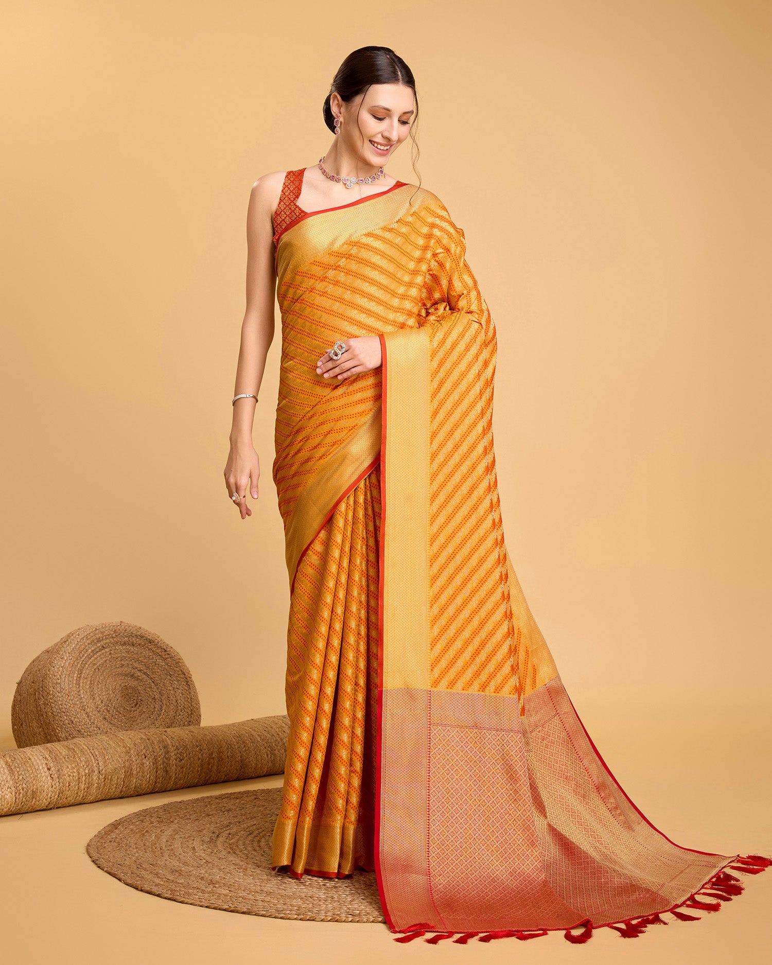 Pure Patola Silk Saree With All Over Contrast Patola Weaved With Contrast Meenakari And Rich Pallu With Tassels Attached Saree - Perfect for Partywear / Bollywood