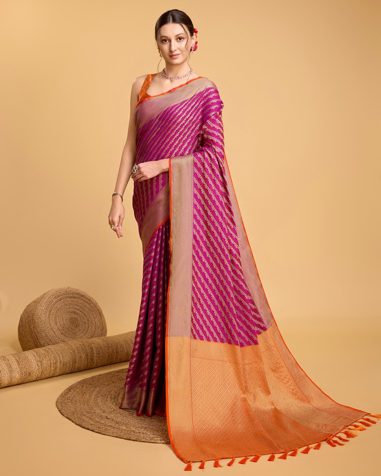 Pure Patola Silk Saree With All Over Contrast Patola Weaved With Contrast Meenakari And Rich Pallu With Tassels Attached Saree - Perfect for Partywear / Bollywood