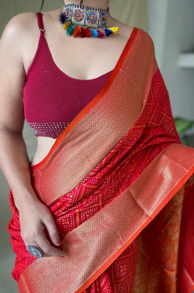 Pure Patola Silk Saree With All Over Contrast Patola Weaved With Contrast Meenakari And Rich Pallu With Tassels Attached Saree in Pink - Perfect for Partywear / Bollywood