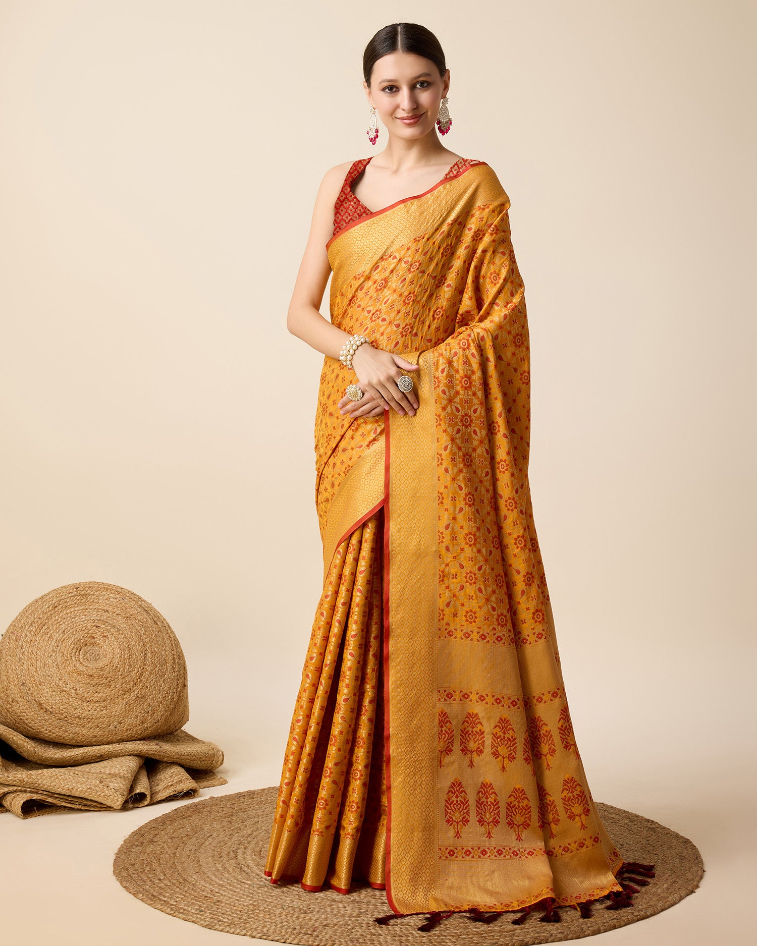 Pure Patola Silk Saree With All Over Contrast Patola Weaved With Contrast Meenakari And Rich Pallu With Tassels Attached Saree - Perfect for Partywear / Bollywood
