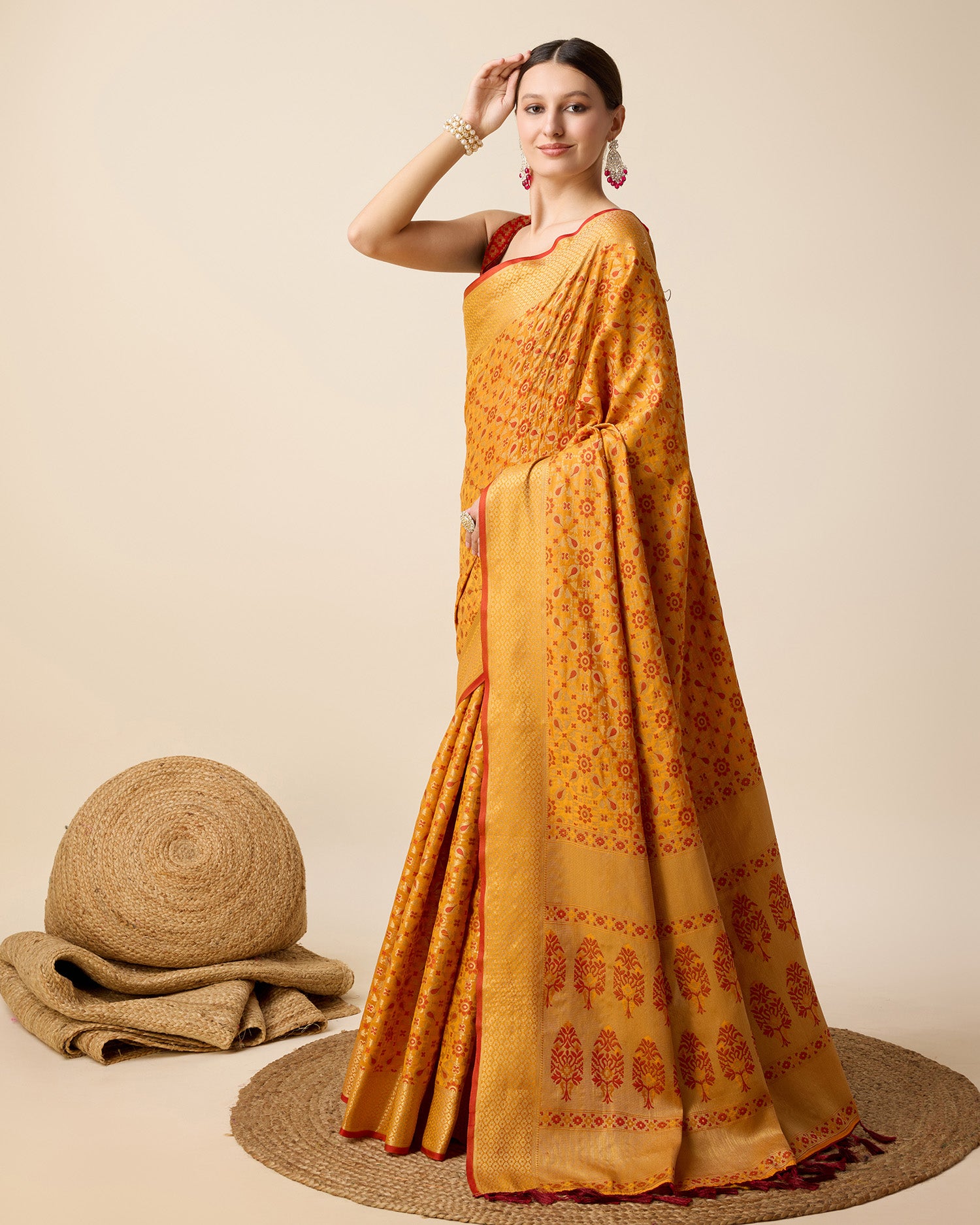 Pure Patola Silk Saree With All Over Contrast Patola Weaved With Contrast Meenakari And Rich Pallu With Tassels Attached Saree - Perfect for Partywear / Bollywood