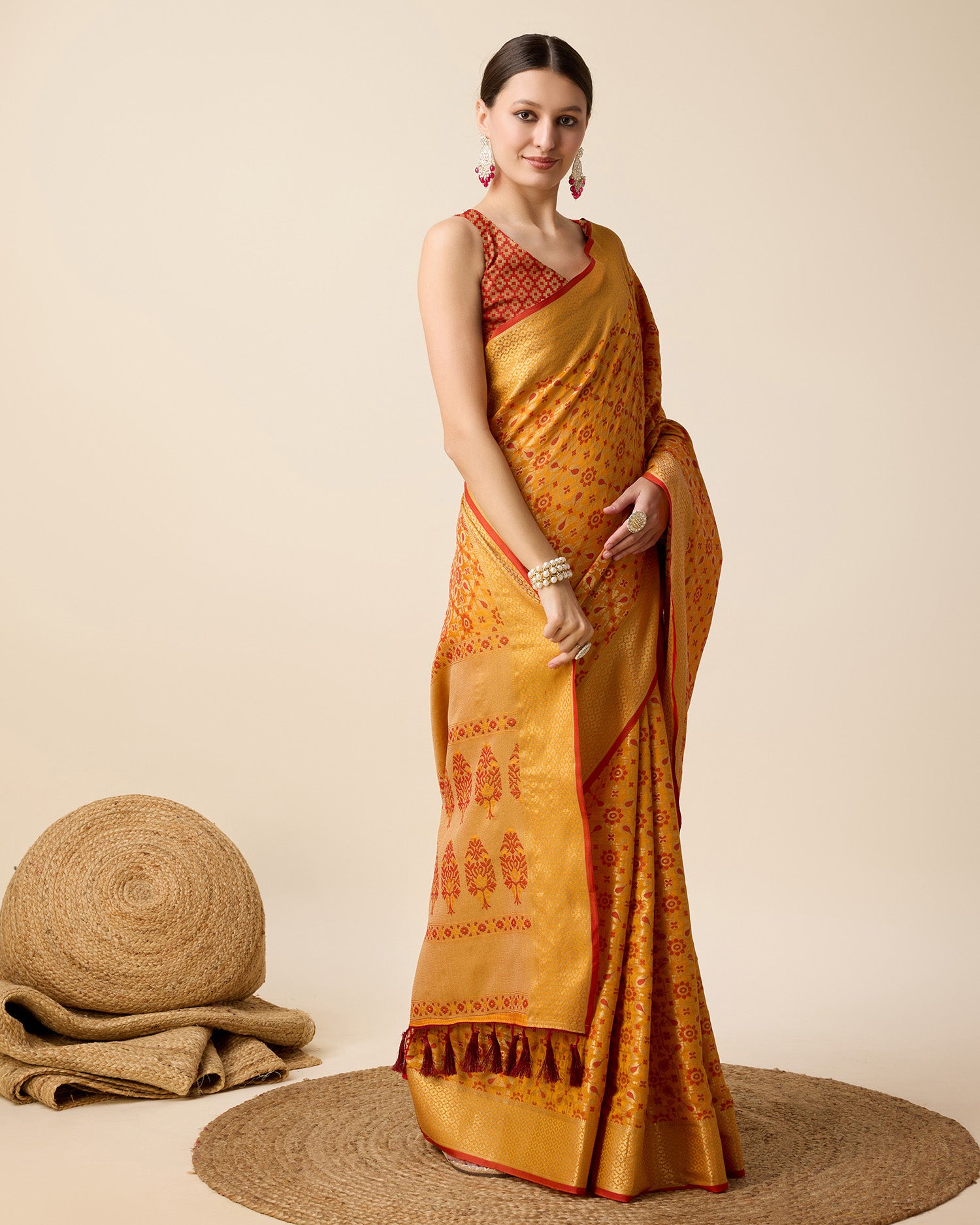 Pure Patola Silk Saree With All Over Contrast Patola Weaved With Contrast Meenakari And Rich Pallu With Tassels Attached Saree - Perfect for Partywear / Bollywood