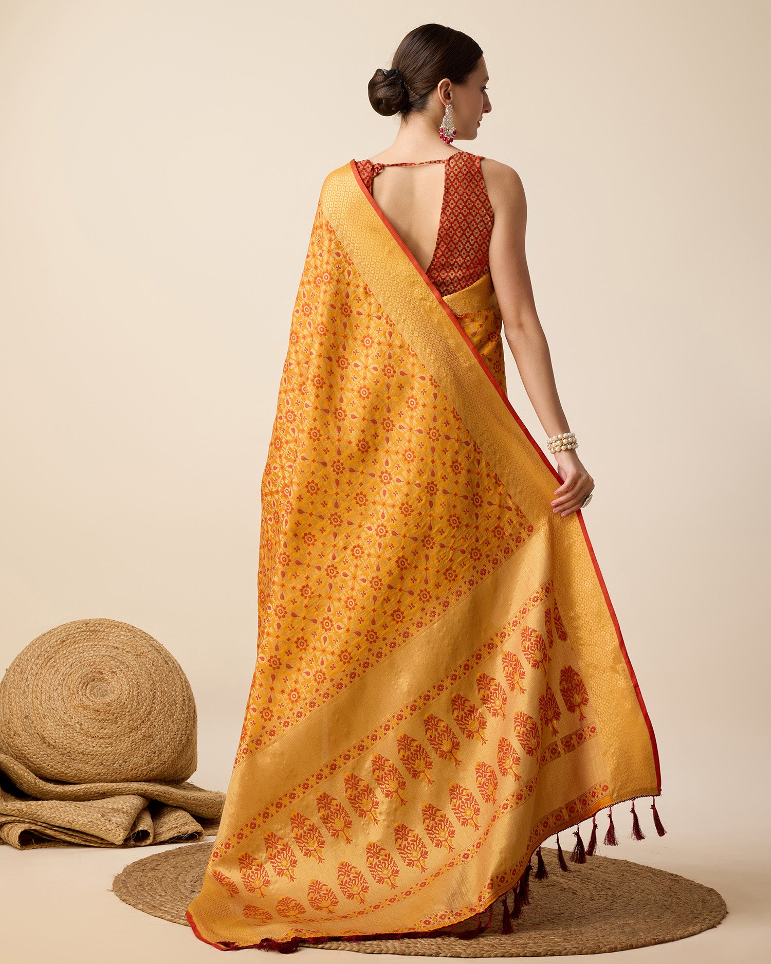 Pure Patola Silk Saree With All Over Contrast Patola Weaved With Contrast Meenakari And Rich Pallu With Tassels Attached Saree - Perfect for Partywear / Bollywood