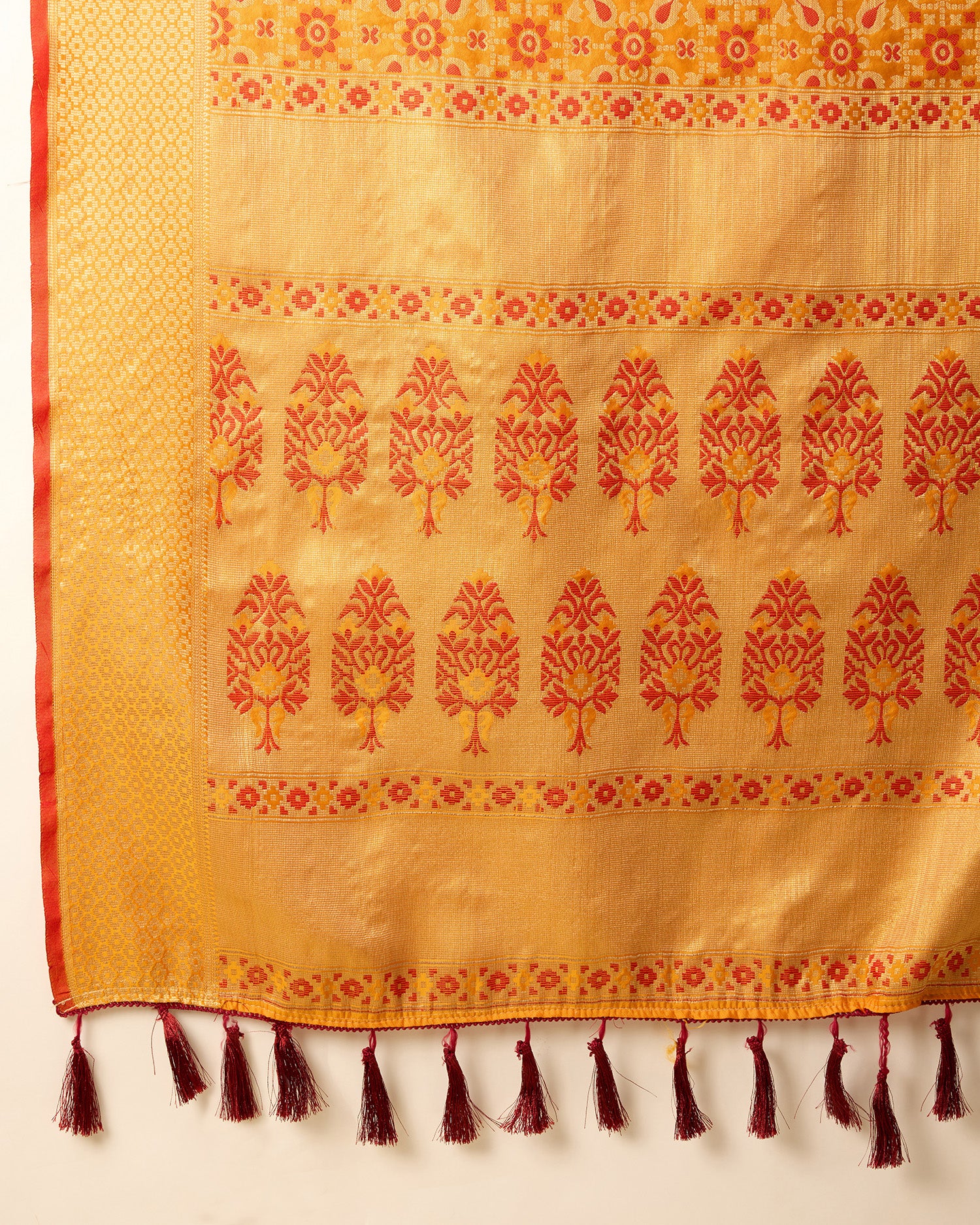 Pure Patola Silk Saree With All Over Contrast Patola Weaved With Contrast Meenakari And Rich Pallu With Tassels Attached Saree - Perfect for Partywear / Bollywood