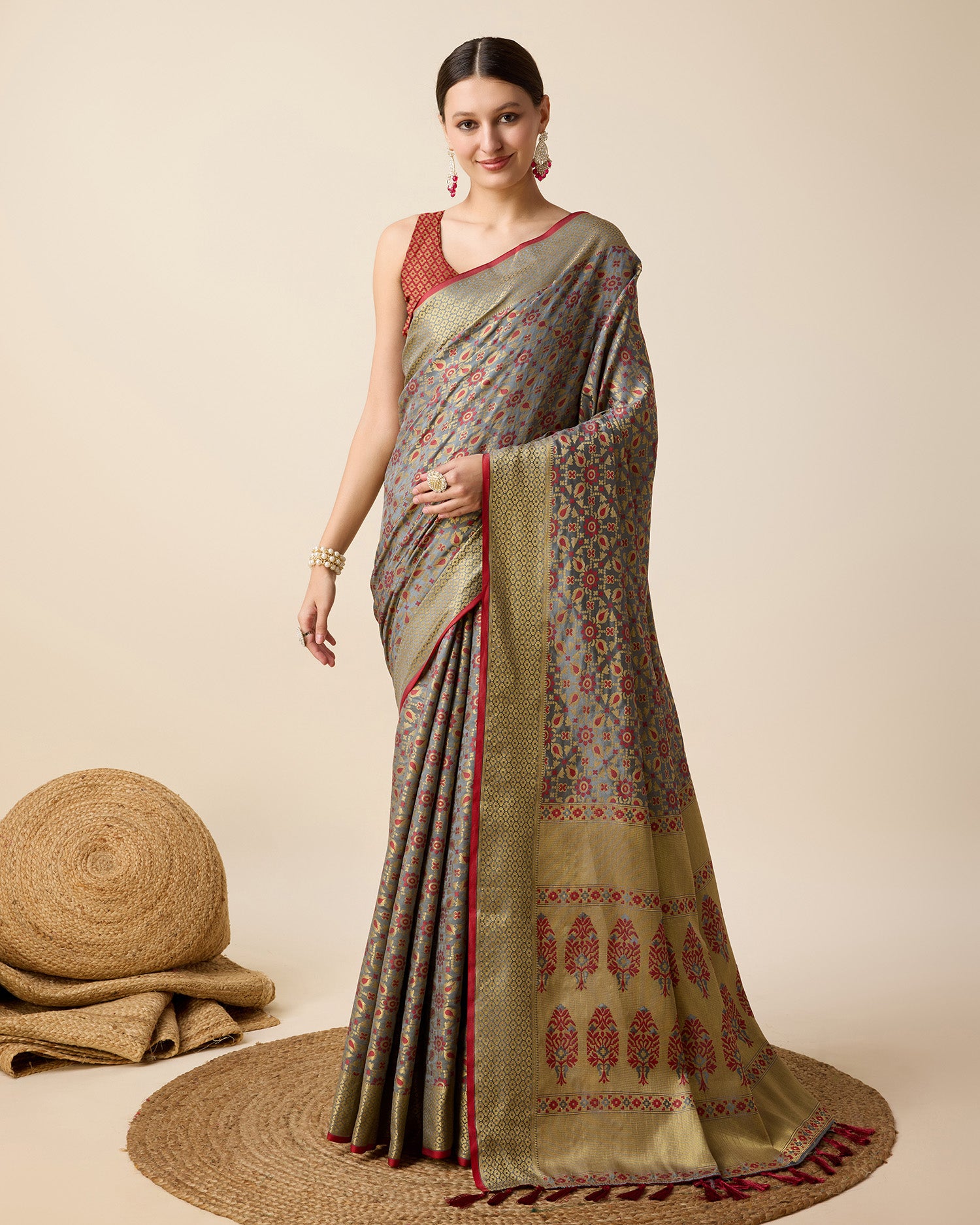 Pure Patola Silk Saree With All Over Contrast Patola Weaved With Contrast Meenakari And Rich Pallu With Tassels Attached Saree - Perfect for Partywear / Bollywood