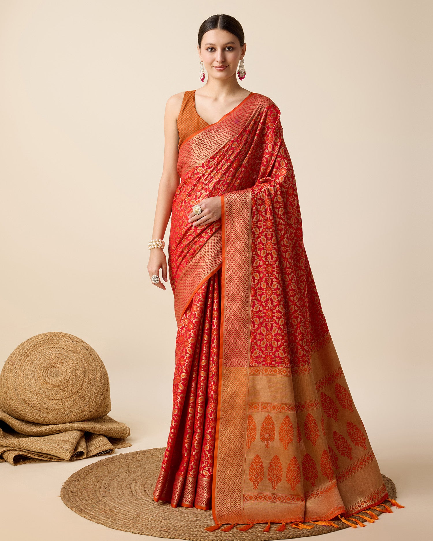 Pure Patola Silk Saree With All Over Contrast Patola Weaved With Contrast Meenakari And Rich Pallu With Tassels Attached Saree - Perfect for Partywear / Bollywood