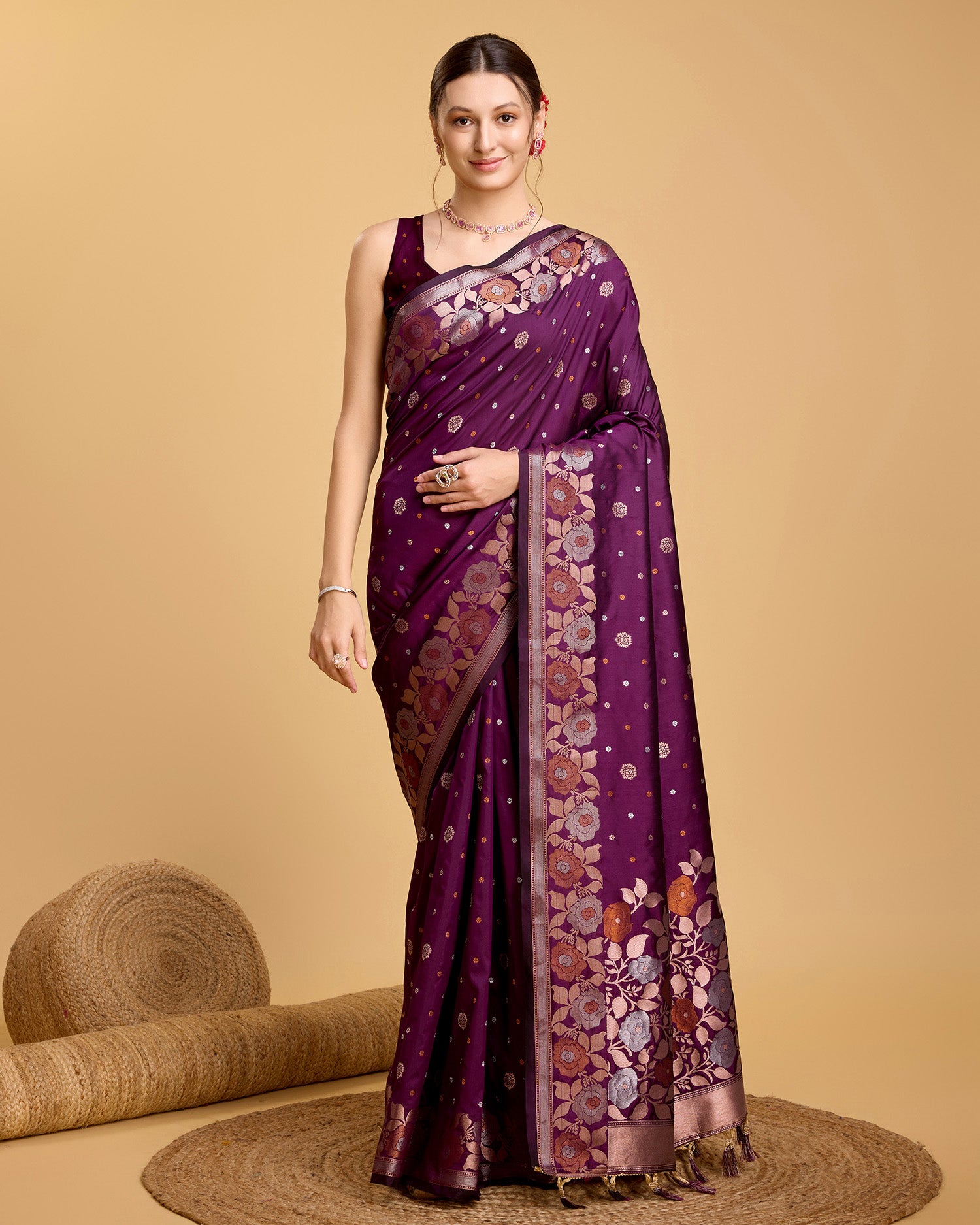 Fabrice Pure Jacquard Fabrics With Sona Chandi Pure Zari Work With A Bouquet Of Vibrant Pure Weave. Sheer Soft Saree Fabric Is Woven , Making It A Perfect Pick For Designing A Wedding And Festive Collection Saree - Perfect for Partywear / Bollywood