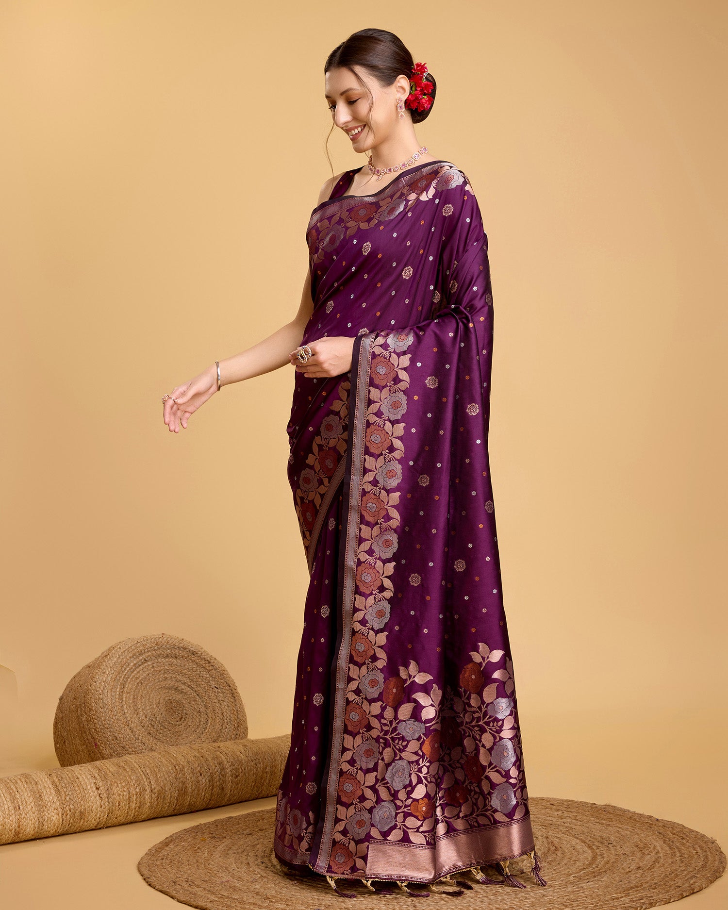 Fabrice Pure Jacquard Fabrics With Sona Chandi Pure Zari Work With A Bouquet Of Vibrant Pure Weave. Sheer Soft Saree Fabric Is Woven , Making It A Perfect Pick For Designing A Wedding And Festive Collection Saree - Perfect for Partywear / Bollywood