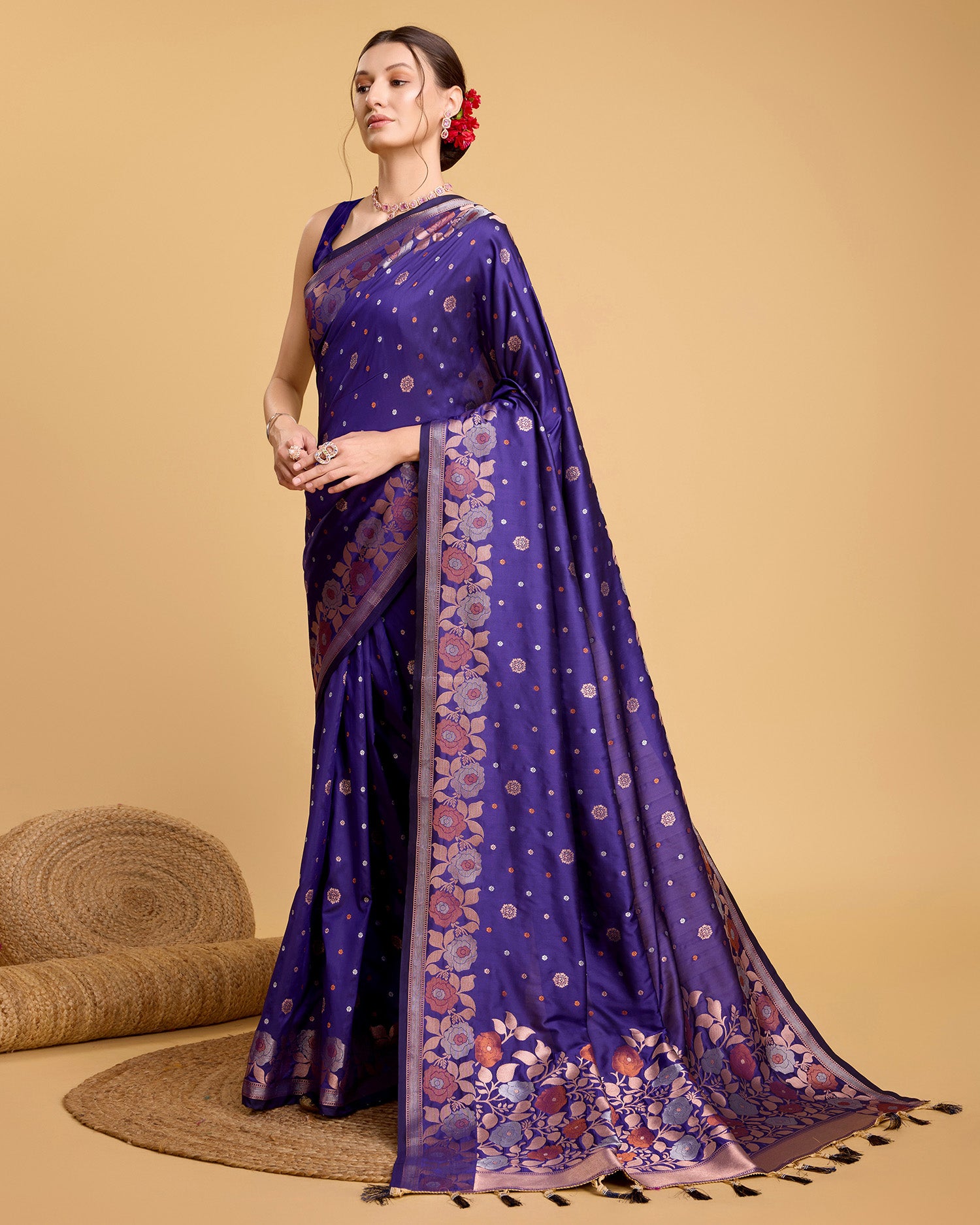 Fabrice Pure Jacquard Fabrics With Sona Chandi Pure Zari Work With A Bouquet Of Vibrant Pure Weave. Sheer Soft Saree Fabric Is Woven , Making It A Perfect Pick For Designing A Wedding And Festive Collection Saree - Perfect for Partywear / Bollywood