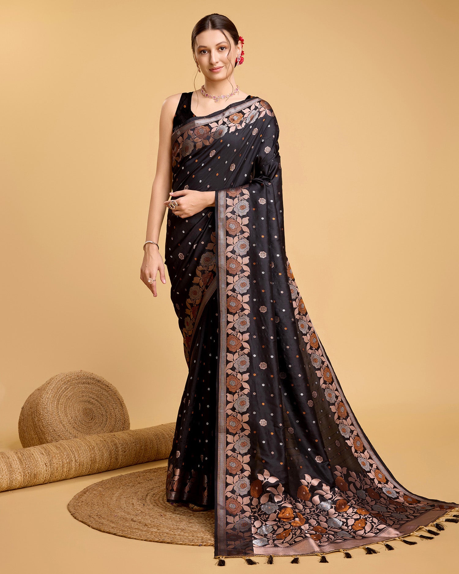 Fabrice Pure Jacquard Fabrics With Sona Chandi Pure Zari Work With A Bouquet Of Vibrant Pure Weave. Sheer Soft Saree Fabric Is Woven , Making It A Perfect Pick For Designing A Wedding And Festive Collection Saree - Perfect for Partywear / Bollywood