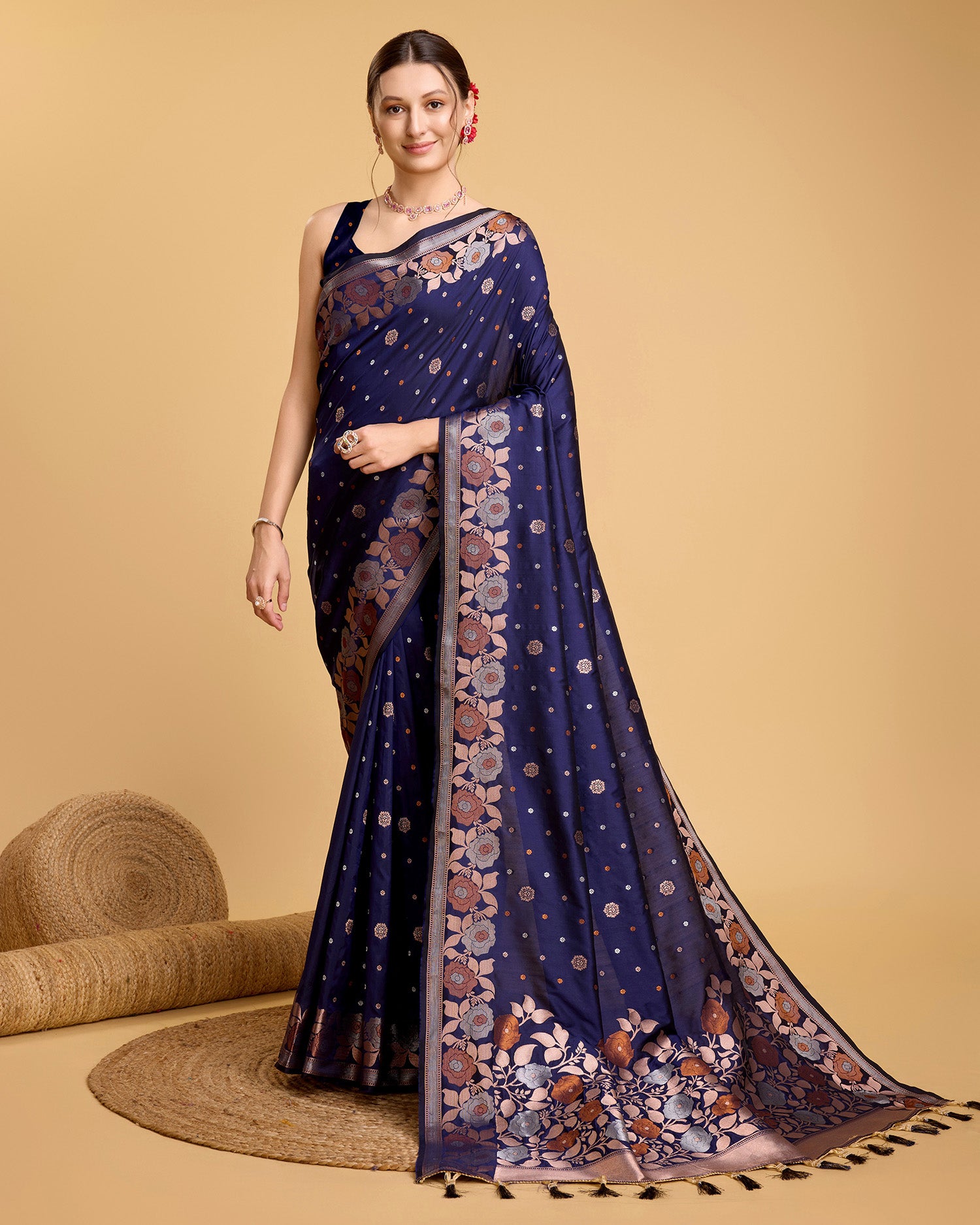 Fabrice Pure Jacquard Fabrics With Sona Chandi Pure Zari Work With A Bouquet Of Vibrant Pure Weave. Sheer Soft Saree Fabric Is Woven , Making It A Perfect Pick For Designing A Wedding And Festive Collection Saree - Perfect for Partywear / Bollywood