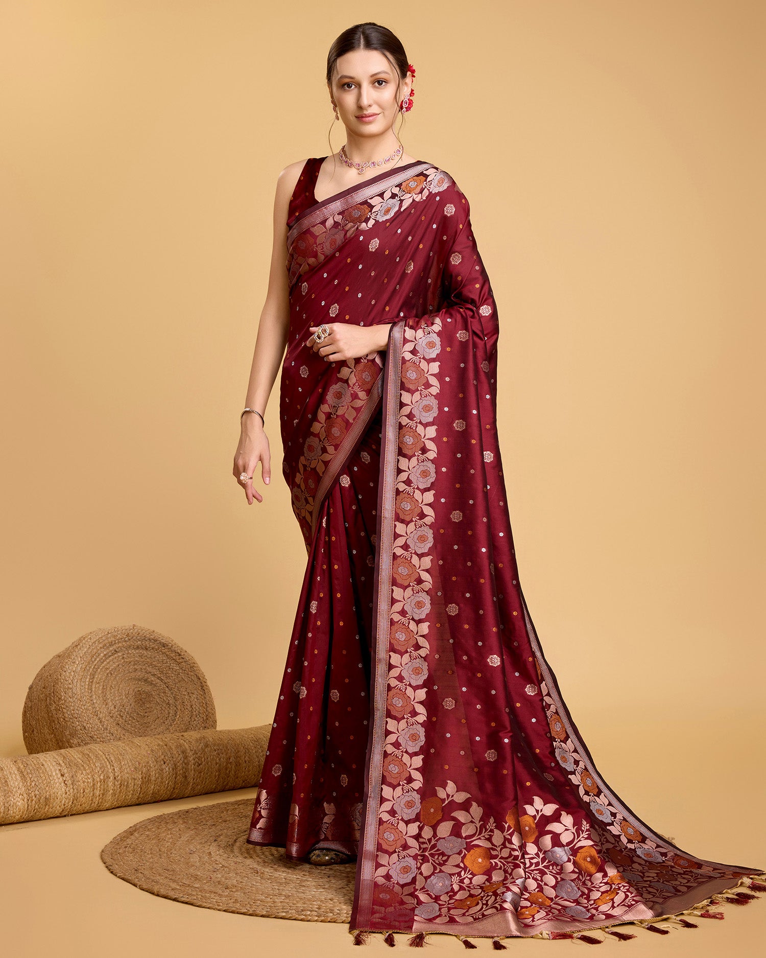 Fabrice Pure Jacquard Fabrics With Sona Chandi Pure Zari Work With A Bouquet Of Vibrant Pure Weave. Sheer Soft Saree Fabric Is Woven , Making It A Perfect Pick For Designing A Wedding And Festive Collection Saree - Perfect for Partywear / Bollywood