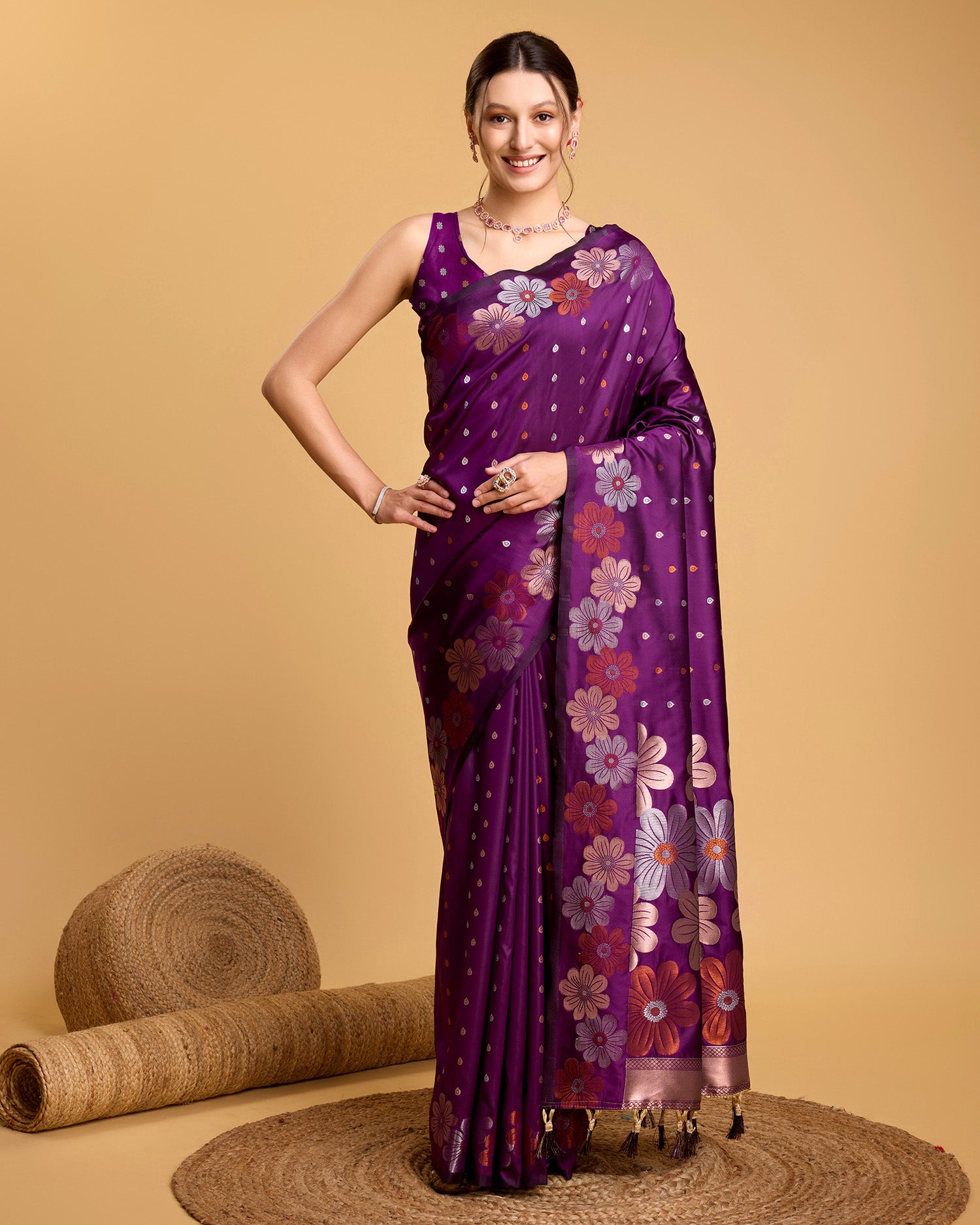 Fabrice Pure Jacquard Fabrics With Sona Chandi Pure Zari Work With A Bouquet Of Vibrant Pure Weave. Sheer Soft Saree Fabric Is Woven , Making It A Perfect Pick For Designing A Wedding And Festive Collection Saree - Perfect for Partywear / Bollywood