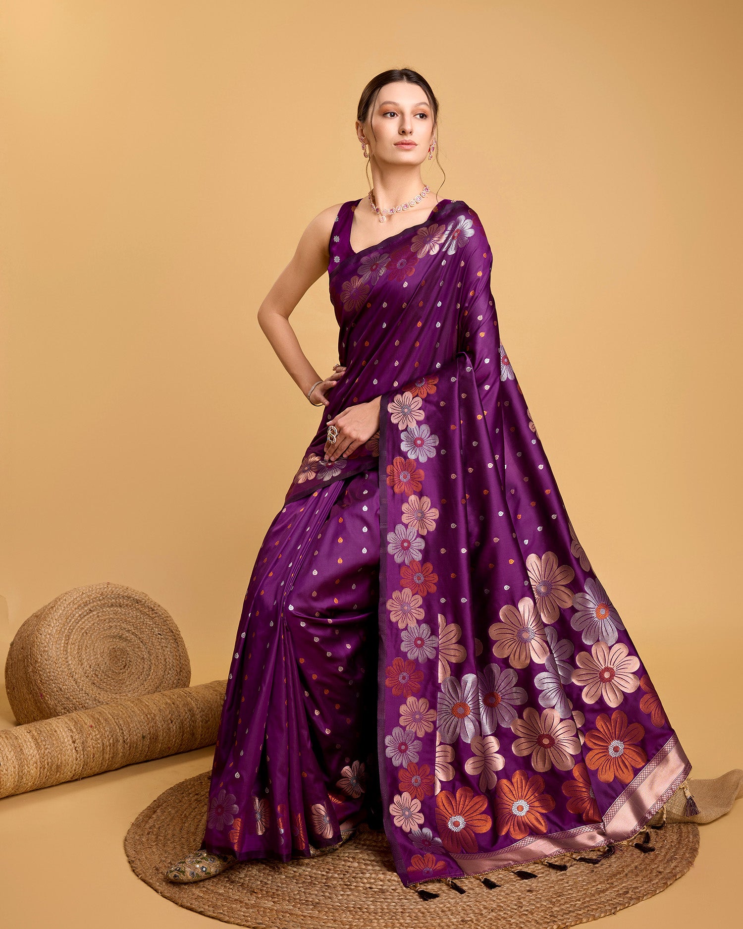 Fabrice Pure Jacquard Fabrics With Sona Chandi Pure Zari Work With A Bouquet Of Vibrant Pure Weave. Sheer Soft Saree Fabric Is Woven , Making It A Perfect Pick For Designing A Wedding And Festive Collection Saree - Perfect for Partywear / Bollywood