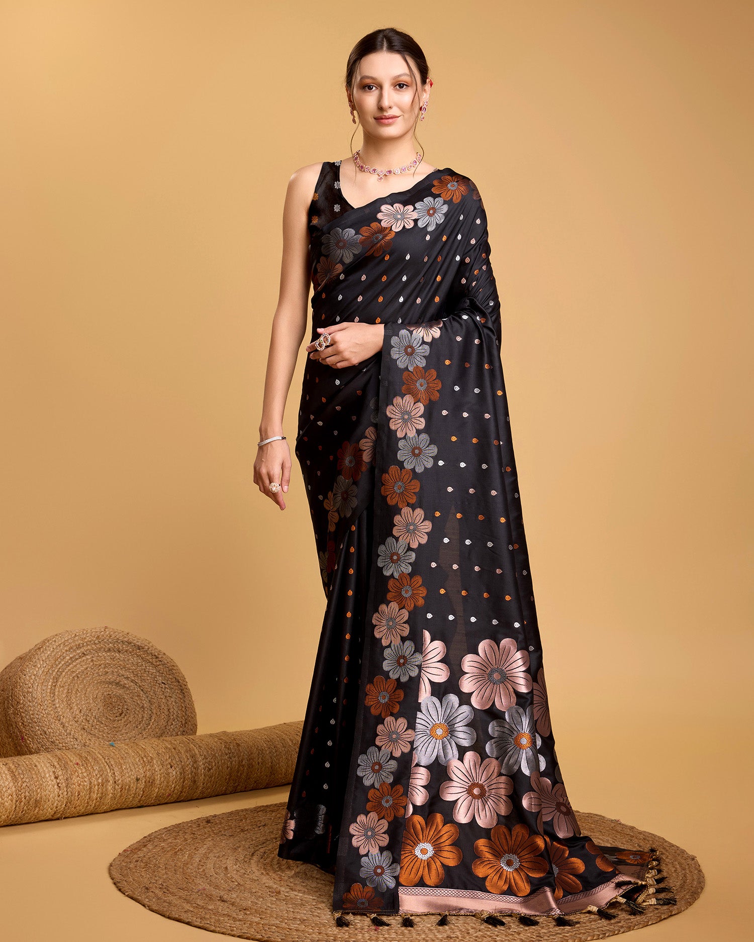 Fabrice Pure Jacquard Fabrics With Sona Chandi Pure Zari Work With A Bouquet Of Vibrant Pure Weave. Sheer Soft Saree Fabric Is Woven , Making It A Perfect Pick For Designing A Wedding And Festive Collection Saree - Perfect for Partywear / Bollywood