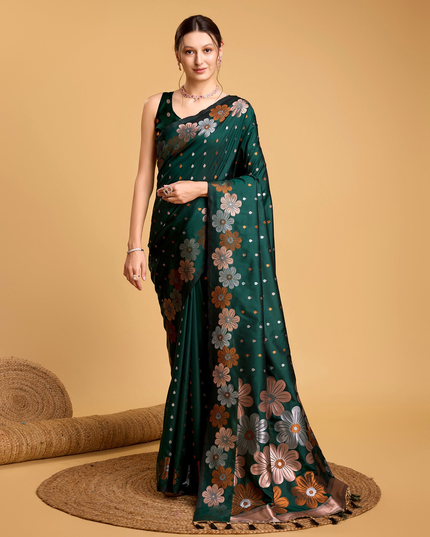 Fabrice Pure Jacquard Fabrics With Sona Chandi Pure Zari Work With A Bouquet Of Vibrant Pure Weave. Sheer Soft Saree Fabric Is Woven , Making It A Perfect Pick For Designing A Wedding And Festive Collection Saree - Perfect for Partywear / Bollywood