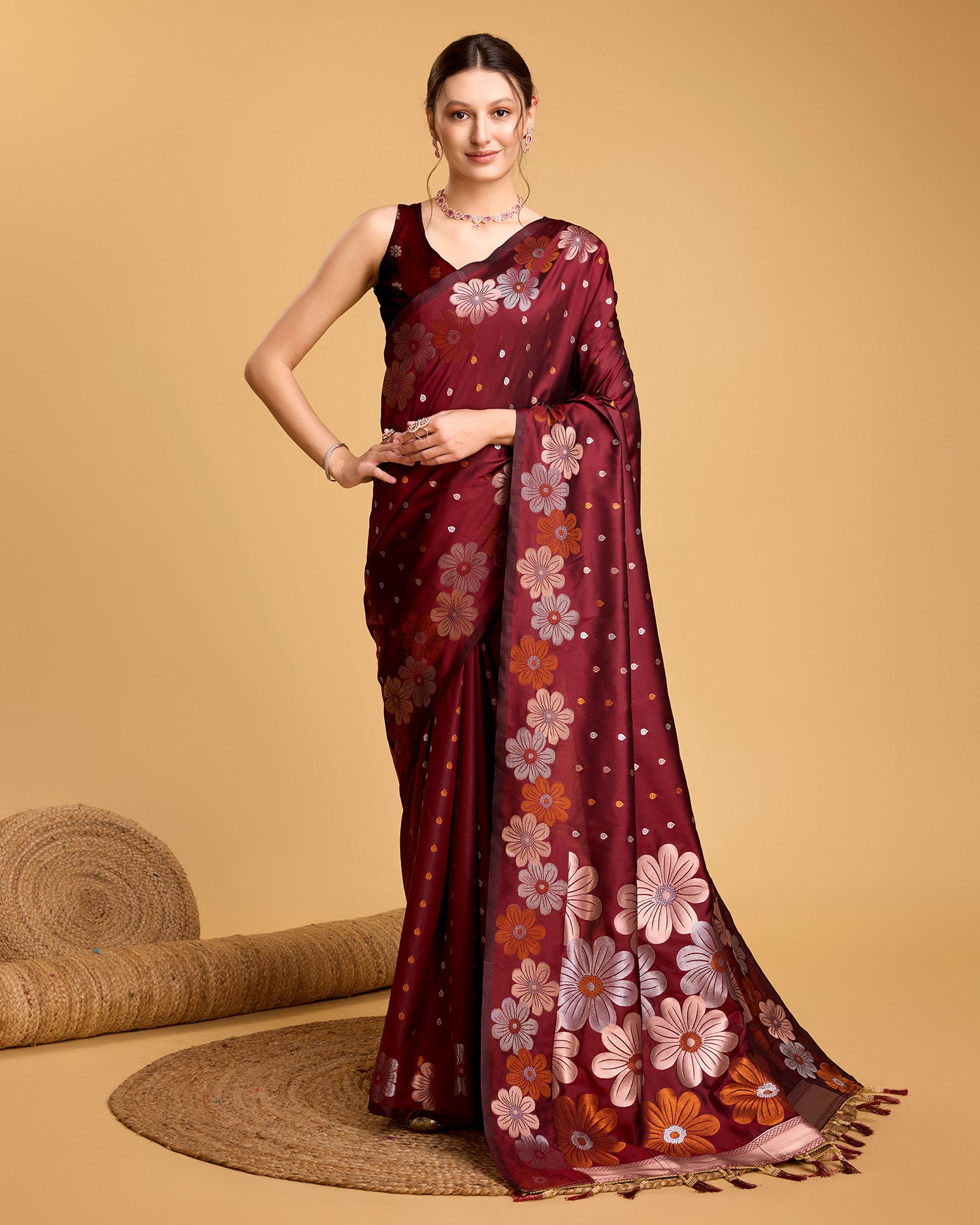 Fabrice Pure Jacquard Fabrics With Sona Chandi Pure Zari Work With A Bouquet Of Vibrant Pure Weave. Sheer Soft Saree Fabric Is Woven , Making It A Perfect Pick For Designing A Wedding And Festive Collection Saree - Perfect for Partywear / Bollywood