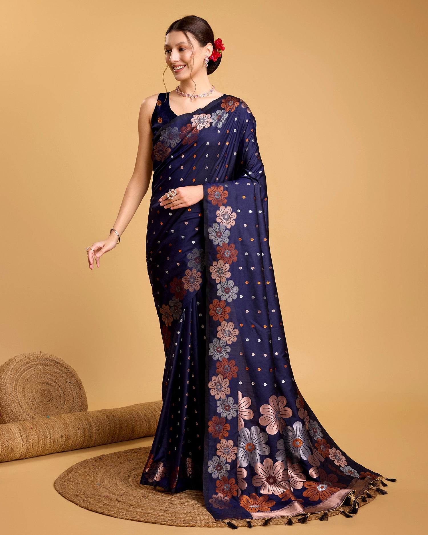 Fabrice Pure Jacquard Fabrics With Sona Chandi Pure Zari Work With A Bouquet Of Vibrant Pure Weave. Sheer Soft Saree Fabric Is Woven , Making It A Perfect Pick For Designing A Wedding And Festive Collection Saree - Perfect for Partywear / Bollywood